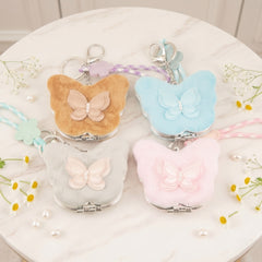 Butterfly Plush Compact Mirror with Lanyard - Cute Double-Sided Faux Fur Folding Travel Mirror - Soft Fluffy Pearl Charm Pocket Vanity Mirror for Women, Girls & Students 🦋✨