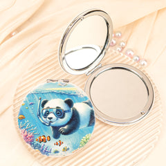 Cute Beach Vacation Panda Compact Mirror Round PU Leather Folding Pocket Mirror Iron Frame Dual Sided Makeup Vanity Mirror