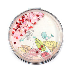 Round Quicksand Compact Mirror Floating Heart Sequins Folding Pocket Mirror Silver Plated Dual Sided Makeup Vanity Cute Bird Print Mirror