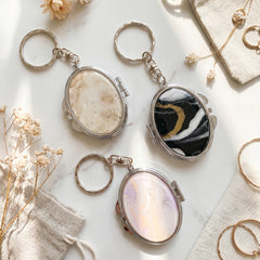 Oval Acetate Compact Mirror Keychain, Marble & Pearl Pattern Double Sided Makeup Mirror, Portable 95% Reflectivity Mirror with Keyring for Women, Travel, Daily Use