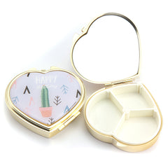 Heart-Shaped Gold Plated Pill Box with Mirror, Cute Cartoon Print Portable Pill Organizer, 3-Compartment Eco-Friendly Pill Case with 95% High Reflectivity Mirror for Purse/Travel, Gift for Women & Girls