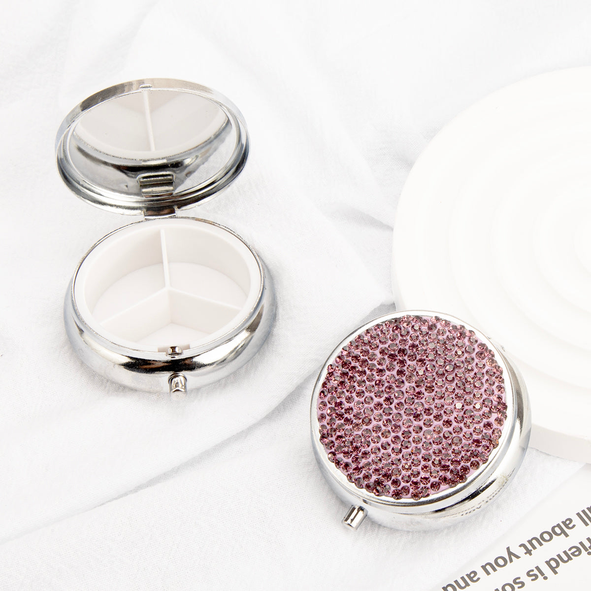 Rhinestone pill box wholesale round silver plated design