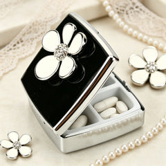 Flower Rhinestone Pill Box with Mirror, Black Enamel Portable Pill Organizer, Eco-Friendly 2-Compartment Pill Case with 95% High Reflectivity Mirror for Purse/Travel, Elegant Gift for Women