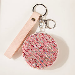 Sparkling Crystal Rhinestone Pocket Mirror Keychain PU Leather Strap Round Metal Cosmetic Mirror Bag Charm Vanity Mirror for Women