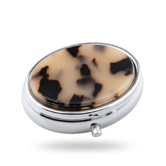 Oval Marble & Tortoiseshell Acetate Pill Case with Mirror, Portable 2-Compartment Metal Pill Organizer, Eco-Friendly Travel Pill Box with 95% High Reflectivity Mirror for Purse, Gift for Women