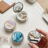 Round Marble Swirl Acetate Pill Case with Mirror, Portable 3-Compartment Metal Pill Organizer, Eco-Friendly Travel Pill Box with 95% High Reflectivity Mirror for Purse, Gift for Women