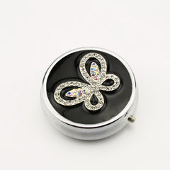 Round Rhinestone & Enamel Pill Box with Mirror, Butterfly Decor Portable Pill Organizer