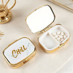 Marble Print Gold Plated Pill Box with Mirror, 2-Compartment Portable Pill Organizer, Eco-Friendly Pill Case with 95% High Reflectivity Mirror for Purse/Travel, Gift for Women & Daily Use