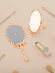 Vintage Folding Handheld and Tabletop Metal Makeup Mirror, Embossed Gold Frame with 3D Rhinestone Bee and PU Leather Back