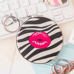 Red Lips Pattern PU Leather Compact Mirror Keychain, Double-Sided Folding Mirror