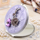Vintage Purple Epoxy Resin Floral Compact Mirror - Luxury Round Silver Metal Double-Sided Folding Pocket Vanity Mirror with Rhinestone Flower Accent & HD Glass for Purse, Travel & Gifts 🌸💜✨