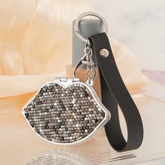 Bling Lips Shape Double-Sided Compact Mirror with Leather Keychain Strap, 64*58mm Portable Makeup Mirror, Eco-friendly HD Pocket Mirror, Ideal Gift for Women & Girls