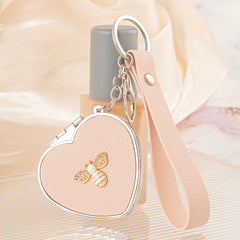 Heart Shaped Compact Mirror Keychain Wristlet PU Leather Folding Pocket Mirror Rhinestone Flower Bee Dual Sided Vanity