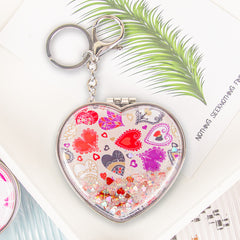 Heart Shaped Quicksand Compact Mirror Keychain Liquid Glitter Floating Sequins Folding Pocket Mirror Dual Sided Metal Frame