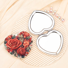 Heart Shaped Compact Makeup Mirror Vintage Rose Floral Folding Pocket Mirror Double Sided PU Leather Cosmetic Vanity Mirror