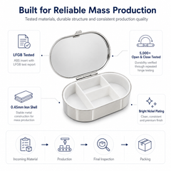 Wholesale metal pill box with LFGB-tested ABS insert, bright nickel plating and 5,000-cycle hinge test