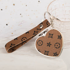 Heart-Shape Monogram Leather Compact Mirror Keychain, Portable Double-Sided Makeup Mirror with 95% High Reflectivity, Mini Pocket Mirror for Purse/Keys, Gift for Women & Girls