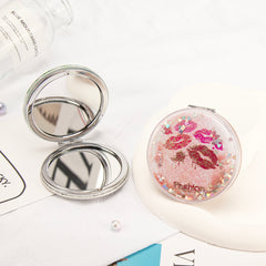 Red Lips Quicksand Compact Mirror Round Liquid Glitter Folding Pocket Mirror Dual Sided Plastic Frame Makeup Vanity Mirror