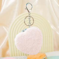 Heart-Shaped Plush Compact Mirror with Keychain - Cute Faux Fur Double-Sided Folding Travel Mirror - Soft Fluffy Pocket Bag Charm Vanity Mirror for Women, Girls, Teens & Students