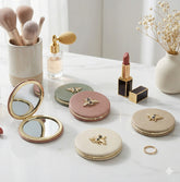 Leather Compact Mirror with Bee Design, Double-Sided Folding Makeup Mirror, Portable Pocket Mirror for Purse Travel, Gift for Women Girls