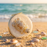 Vintage Off-White Epoxy Resin Sea Turtle Compact Mirror - Luxury Round Gold Electroplated Metal Double-Sided Folding Pocket Vanity Mirror with Rhinestone Turtle Accent & HD Glass for Purse, Travel & Gifts 🐢✨