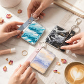 Rectangle Marble Swirl Acetate Compact Mirror Keychain with Snap Leather Wrist Strap, Double Sided Folding Makeup Mirror with 95% High Reflectivity Lens, Portable Pocket Mirror for Purse Travel, Gift for Women Teen Girls