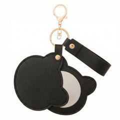 Bear-Head Shaped PU Leather Compact Mirror Keychain - Multi-Color Cute HD Swivel Folding Travel Mirror