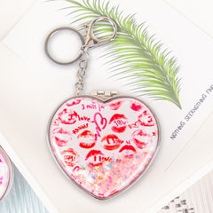 Heart Shaped Quicksand Compact Mirror Keychain Liquid Glitter Floating Sequins Folding Pocket Mirror Dual Sided Metal Frame