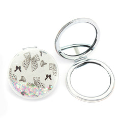 70mm Round Quicksand Dual-Sided Travel Makeup Mirror - Portable Pocket Mirror with Sparkly Flowing Glitter for Purses & Handbags - Compact Mirror with 95% High-Reflectivity Eco-Friendly Glass for Girls, Women, & Gift-Giving - Whimsical Bowknot & Hear