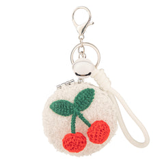 Round Plush Compact Mirror Keychain - Cute Knitted Cherry Charm Faux Fur Double-Sided Folding Travel Mirror - Soft Fluffy Pocket Bag Charm Vanity Mirror with Wrist Lanyard for Women, Girls & Kids 🍒✨