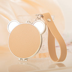 Bear-Head Shaped PU Leather Compact Mirror Keychain - Cute Teddy Bear Double-Sided Folding Travel Mirror with Plastic Frame - Pocket Purse Charm Vanity Mirror with Wrist Lanyard for Women, Girls & Students 🐻✨