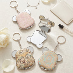 Cute Bear Head Compact Mirror Keychain, Song Brocade Fabric Double-Sided Folding Makeup Mirror with Plastic Frame & Glass Mirror, Portable Purse Mirror for Women Girls Travel Daily Use