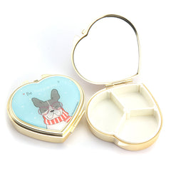 Heart-Shaped Cat Print Pill Box with Mirror, Cute Animal Pattern Portable Pill Organizer, 3-Compartment Eco-Friendly Pill Case with 95% High Reflectivity Mirror for Purse/Travel, Gift for Women & Girls