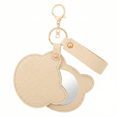 Litchi Grain PU Leather Bear-Head Shaped Compact Mirror Keychain - Multi-Color Cute HD Swivel Folding Travel Mirror