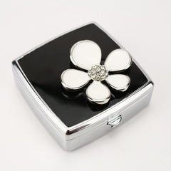 Flower Rhinestone Pill Box with Mirror, Black Enamel Portable Pill Organizer, Eco-Friendly 2-Compartment Pill Case with 95% High Reflectivity Mirror for Purse/Travel, Elegant Gift for Women