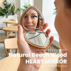 Heart Shape Bamboo Compact Mirror, Portable Pocket Makeup Mirror, Eco-Friendly Folding Mirror, Travel Mirror for Women, Girls, Purse, Gift