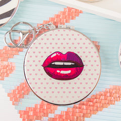 Red Lips Pattern PU Leather Compact Mirror Keychain, Double-Sided Folding Mirror