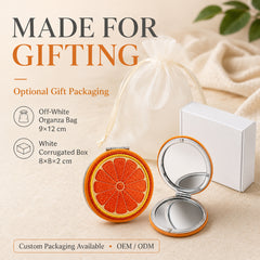 Custom embroidery compact mirror collection with orange, cherry, strawberry and lemon designs