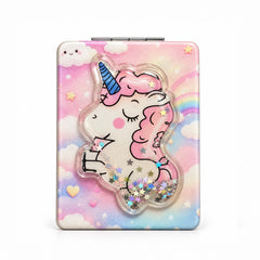 Pink unicorn liquid glitter quicksand compact mirror