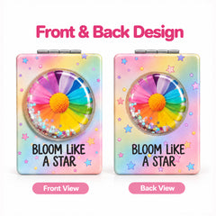 Front and back design of Bloom Like A Star rainbow flower liquid glitter quicksand compact mirror
