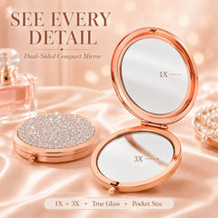 Crystal Rhinestone Compact Mirror – 70mm Double-Sided 1X/3X Pocket Makeup Mirror