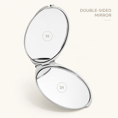 Double-sided 1X and 3X float glass folding makeup mirror open view