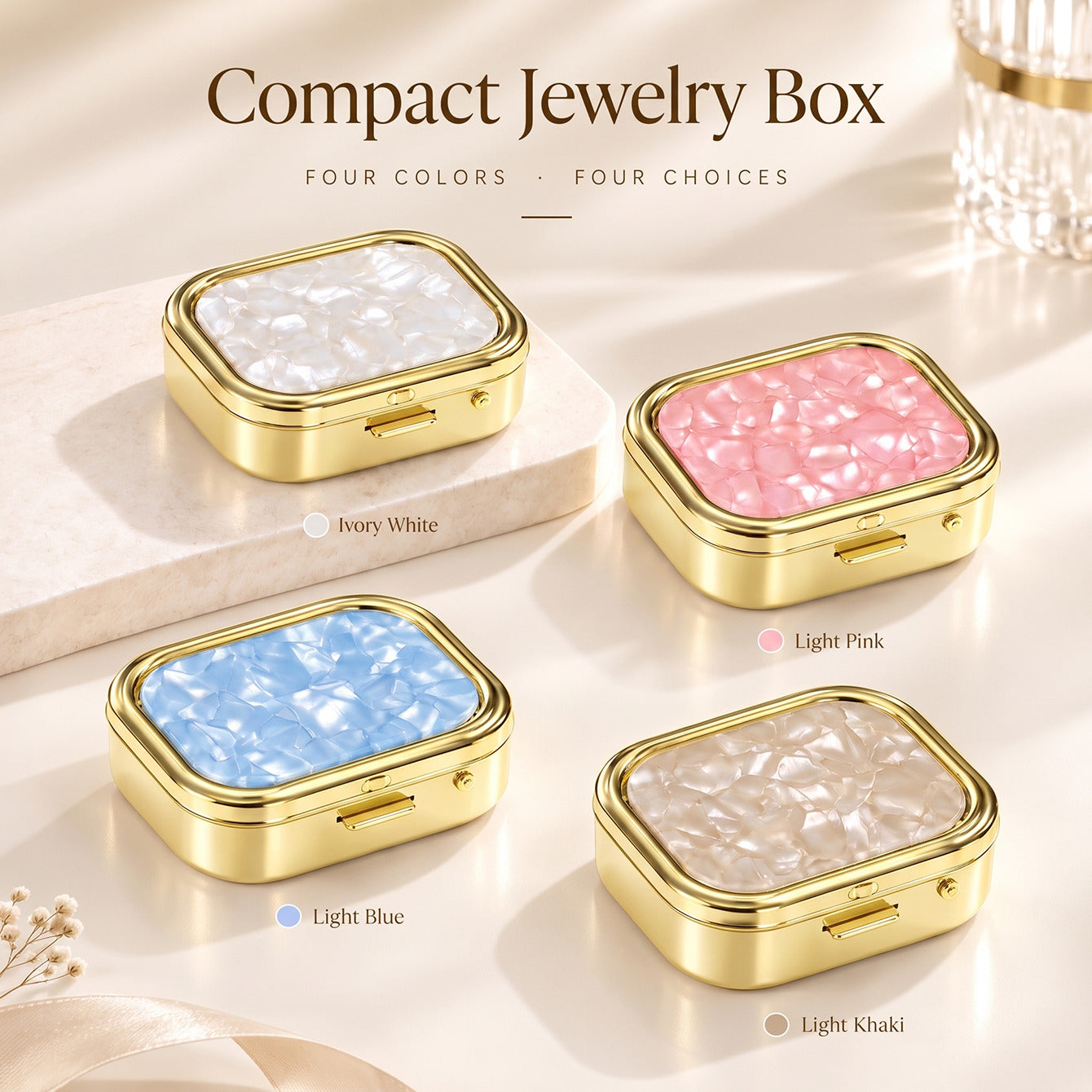 Compact gold pearl-effect portable storage box shown open and closed