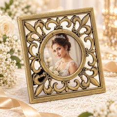Vintage European ornate zinc alloy photo frame in antique brass with 3 inch round bridal portrait