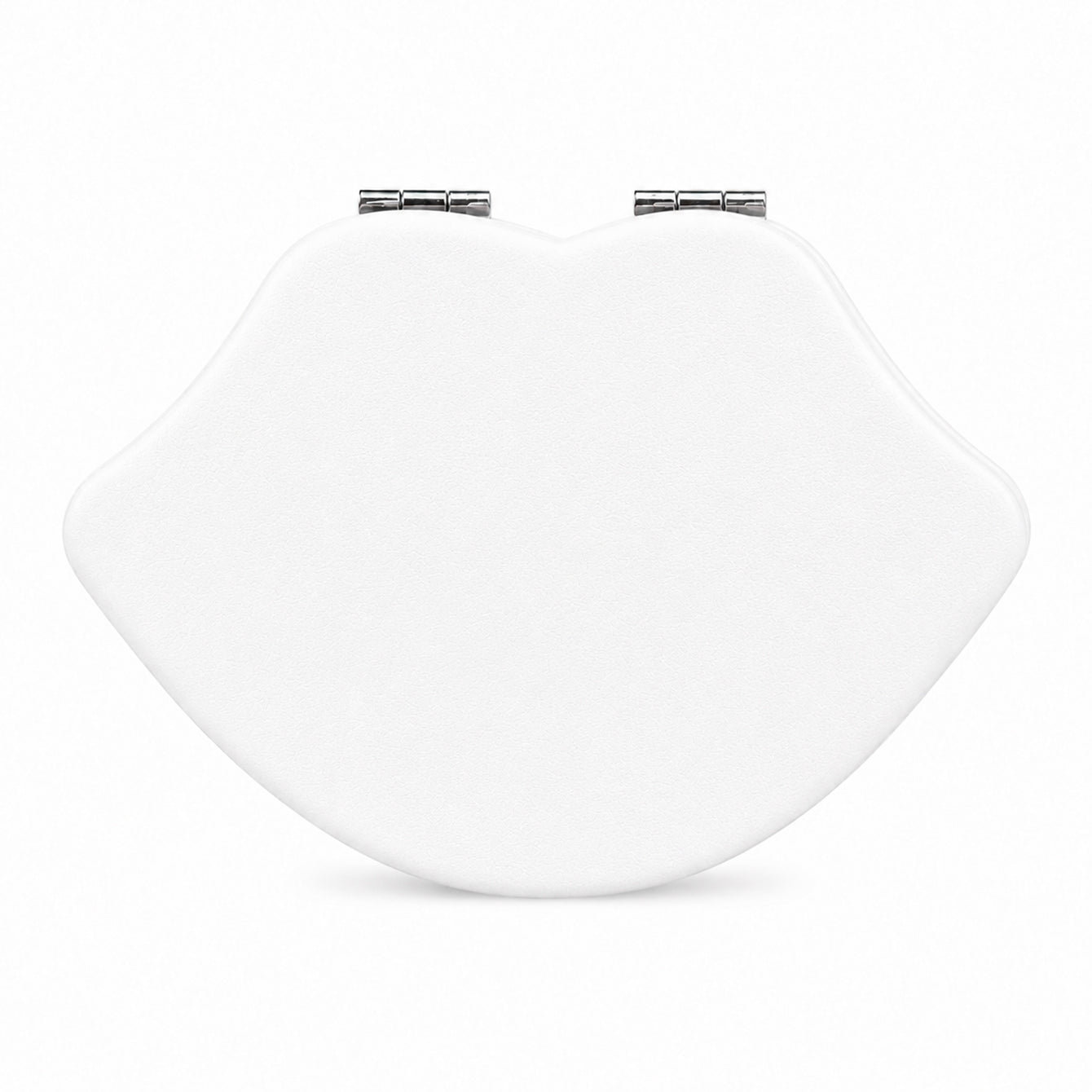 White blank lip-shaped PU leather compact mirror front view for custom logo printing