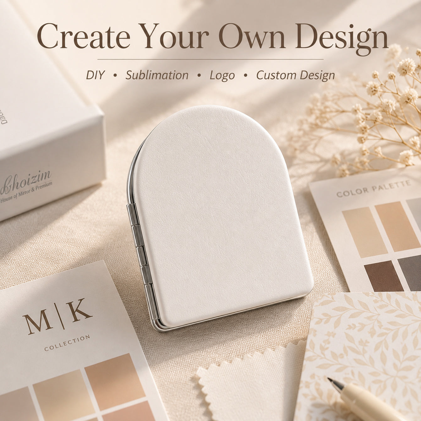 Compact white PU leather mirror carry beauty lightly lifestyle