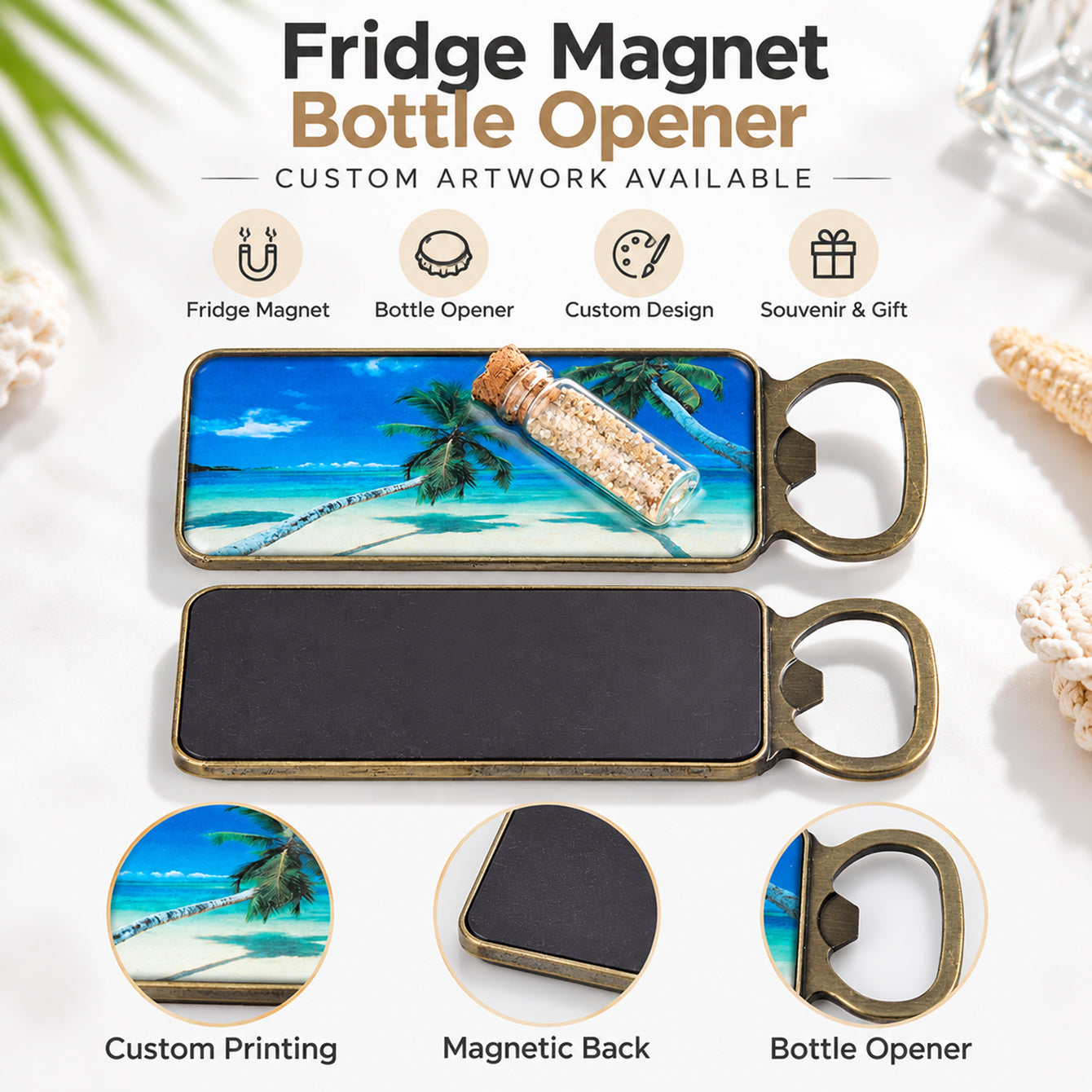 Custom zinc alloy fridge magnet bottle opener overview with custom artwork and magnetic back