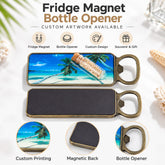 Custom zinc alloy fridge magnet bottle opener overview with custom artwork and magnetic back