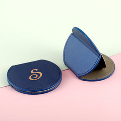 Fashionable Semi-Circular Stainless Steel Desktop Makeup Mirror, PU Eco-Friendly Leather Decoration, Customizable Pattern