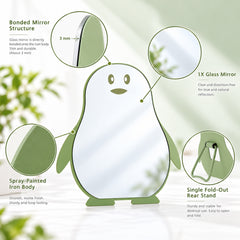 Penguin mirror bonded glass, iron body and fold-out stand details